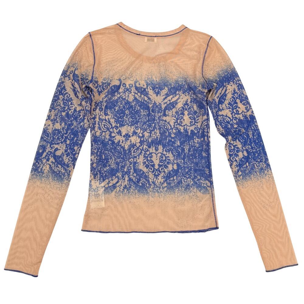 WILFRED Aritzia Sheer Mesh Long Sleeve Graphic Top Sz XXS Nude Blue - Picture 3 of 5